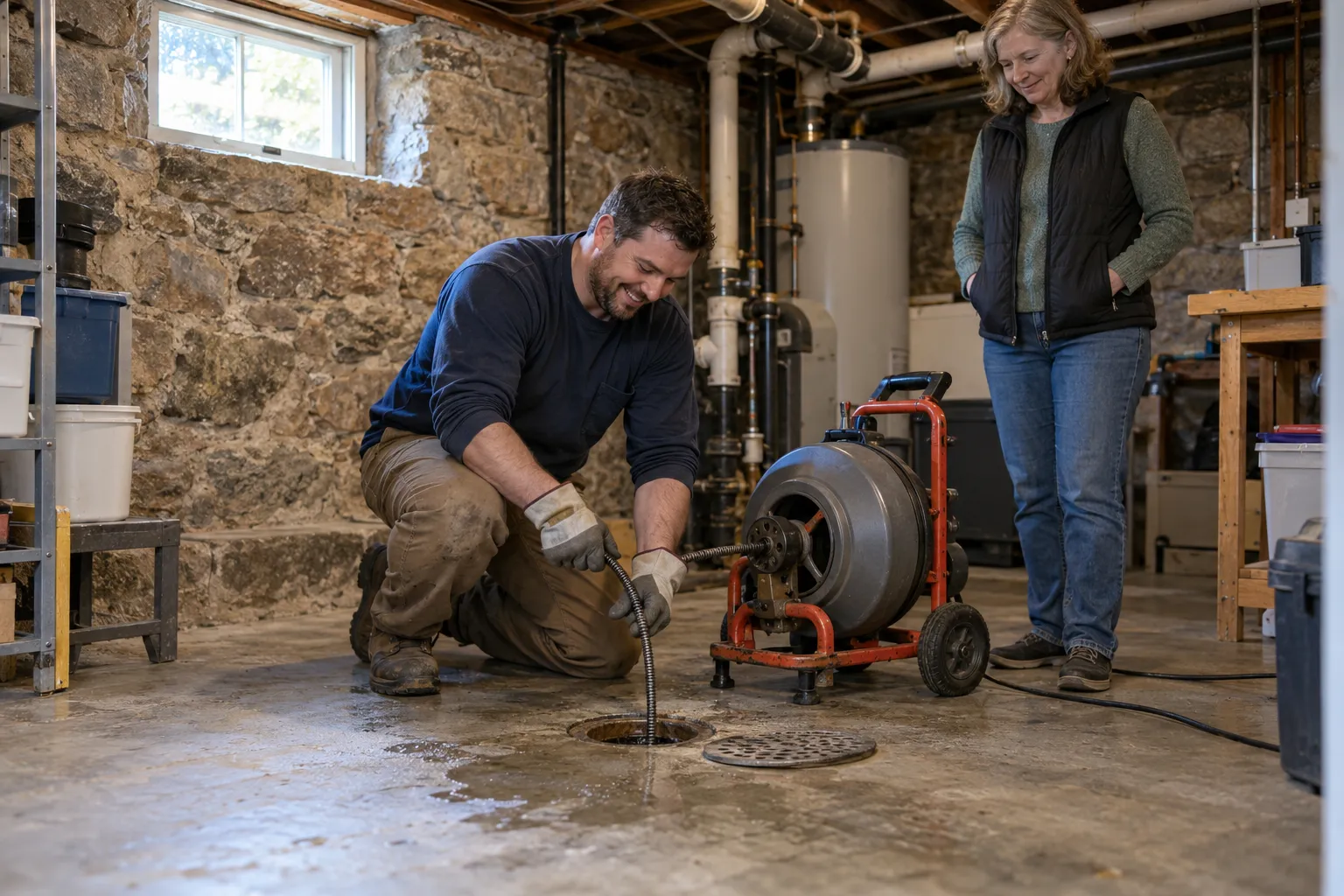 A friendly local provider checking a basement floor drain in a Buffalo home