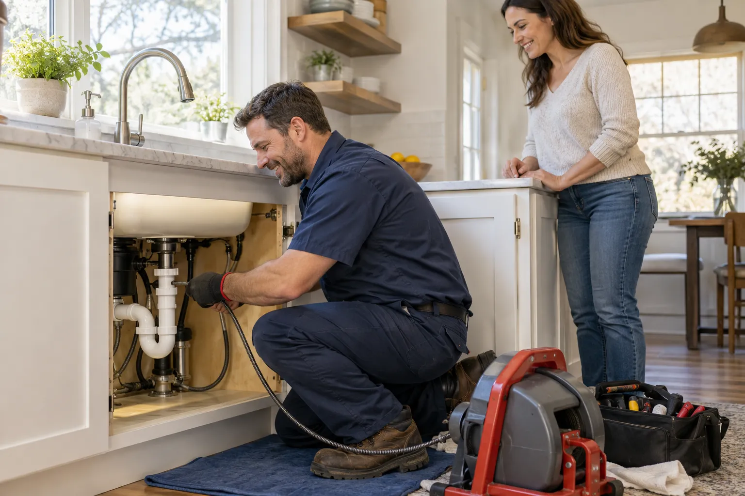 A provider checking a kitchen sink drain in a Buffalo home
